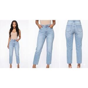 Fashion Nova Jeans High Waist Straight Leg Cropped Raw Hem Light Wash Size 9